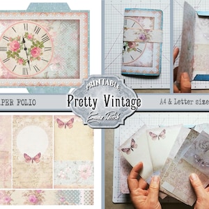May include: Printable vintage notepaper folio with a clock and floral design. The folio includes A4 and letter size paper. The image shows a close-up of the folio and a person holding the notepaper.