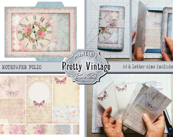 May include: Printable vintage notepaper folio with a clock and floral design. The folio includes A4 and letter size paper. The image shows a close-up of the folio and a person holding the notepaper.