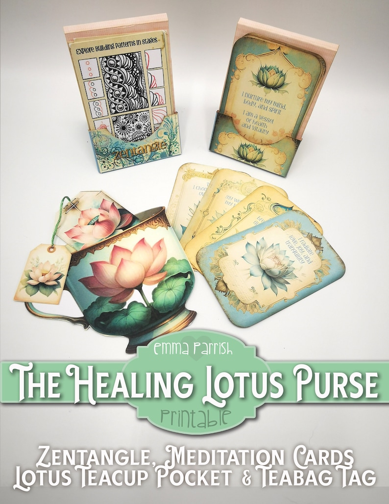 Healing Lotus Printable Junk Journal Folio, Wellness, Gesundheit, Dankbarkeit Journal, 10 interaktive Papercraft Projekte, Brieftasche, Kartenherstellung Bild 5