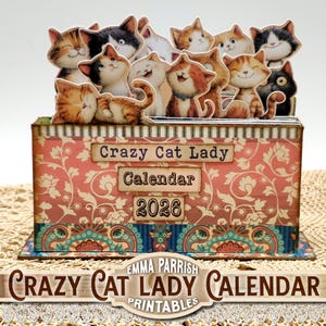 May include: A 2026 calendar titled "Crazy Cat Lady", adorned with illustrations of various cats. The calendar showcases a pink floral design, complemented by a blue and teal patterned border. The text "Crazy Cat Lady Calendar 2026" is prominently displayed.