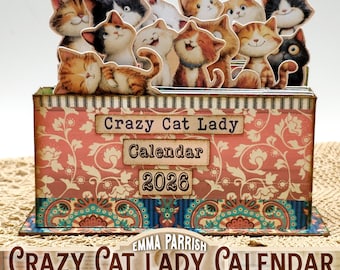 Kalender für verrückte Katzenliebhaberinnen, Lustige Katzenkalenderbox, DIY-Bastelvorlage, Monatskalender mit Karteikarten, Geschenk für Katzenfreunde, Cricut-getestet