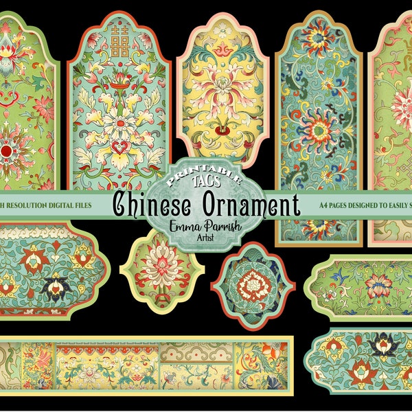 Oriental Craft Tags, Junk Journal Printable Chinese Pattern Embellishments,  Card Making, Papercraft Scrapbook Collage, Vintage Ephemera
