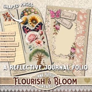 Puede incluir: Un folio de diario reflexivo con páginas con forma. Las páginas presentan ilustraciones florales y de mariposas, con el texto "Seasons of Self", "Bloom in Place" y "Flourish & Bloom". El diario está diseñado por Emma Parrish.