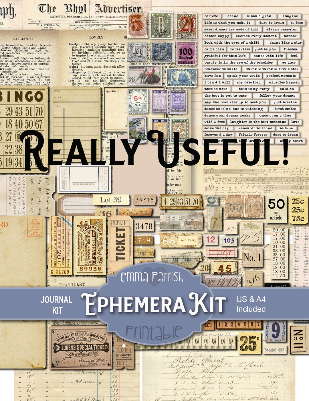Vintage Printable Ephemera Pack, Scraps, Junk Journal Kit Add On, Aged ...