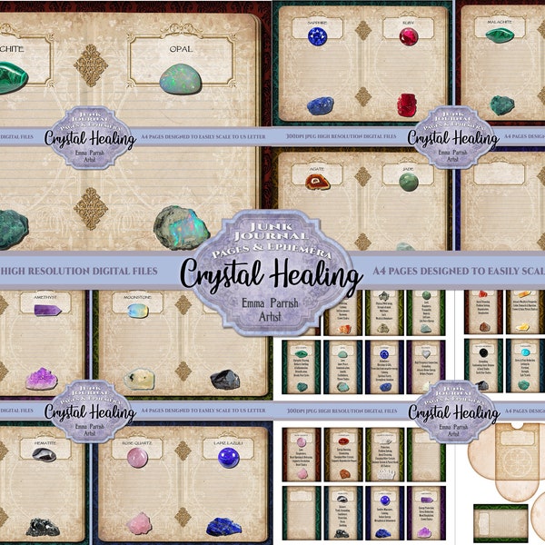 Junk Journal Healing Crystals Set, Printable, holistic Well Being Wicca Pagan Vintage Ephemera, Memory Book Craft Scrapbook Collage