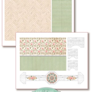 May include: Printable dollhouse suitcase with a floral wallpaper, green striped wallpaper, white wood paneling, and a patterned floor. The text "emma Parrish Dollhouse Suitcase" is at the bottom of the image.