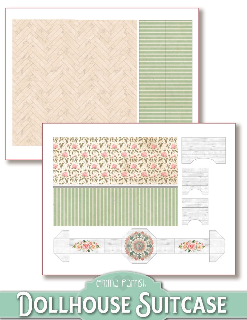 May include: Printable dollhouse suitcase with a floral wallpaper, green striped wallpaper, white wood paneling, and a patterned floor. The text "emma Parrish Dollhouse Suitcase" is at the bottom of the image.