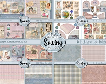 Sewing Junk Journal Printable Kit, Sewing Journal Printable Paper, Vintage Sewing Ephemera, Seamstress Gift, Sewing Digital Collage Sheets
