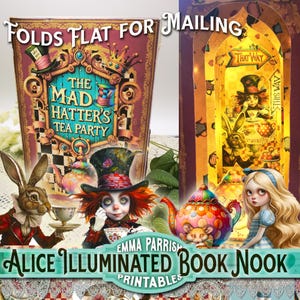 Alice Book Nook, Printable, Mad Hatter, Home Decor, Lights, Old Book Printable, Book Box, Cricut, Mailable Gift