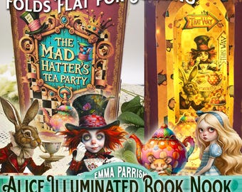 Alice Book Nook, Printable, Mad Hatter, Home Decor, Lights, Old Book Printable, Book Box, Cricut, Mailable Gift