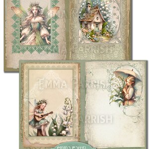 May include: A vintage-style illustration of a fairy with wings, a crown of flowers, and a green dress. The fairy is surrounded by lily of the valley flowers and a small cottage. The image is framed with a decorative border.
