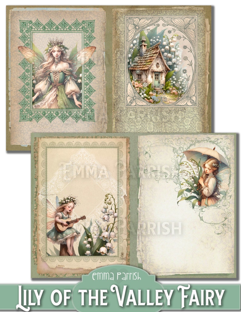 May include: A vintage-style illustration of a fairy with wings, a crown of flowers, and a green dress. The fairy is surrounded by lily of the valley flowers and a small cottage. The image is framed with a decorative border.