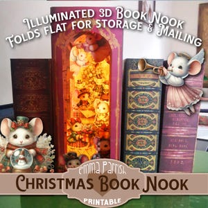 Christmas Mice Book Nook, Printable, Christmas Decoration, Lights, Old Book Printable, Book Box, Cricut Tested, Festive Mouse House