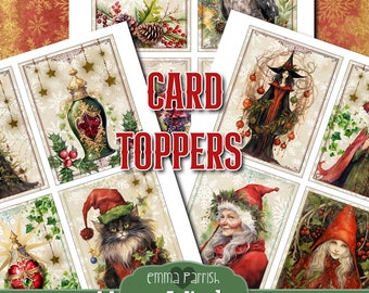 May include: Twelve printable Christmas card toppers featuring whimsical illustrations of a witch, owl, cat, and other festive characters. The text "CARD TOPPERS" and "12 Merry Witchmas" are included in the image.