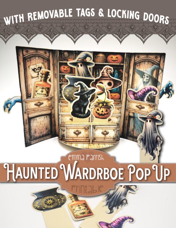 Haunted Wardrobe Pop Up Card Printable, Halloween Card, Junk Journal Insert, Digital Download, Spooky Cute, Cricut Tested, Video Tutorial
