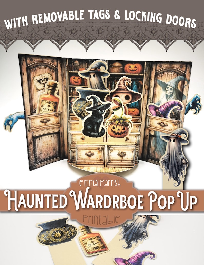 May include: Printable haunted wardrobe pop-up card with removable tags. The card features a spooky, vintage-style wardrobe with a black cat, ghosts, and other Halloween decorations. The text "Haunted Wardrobe Pop Up" and "Printable" are visible on the card.