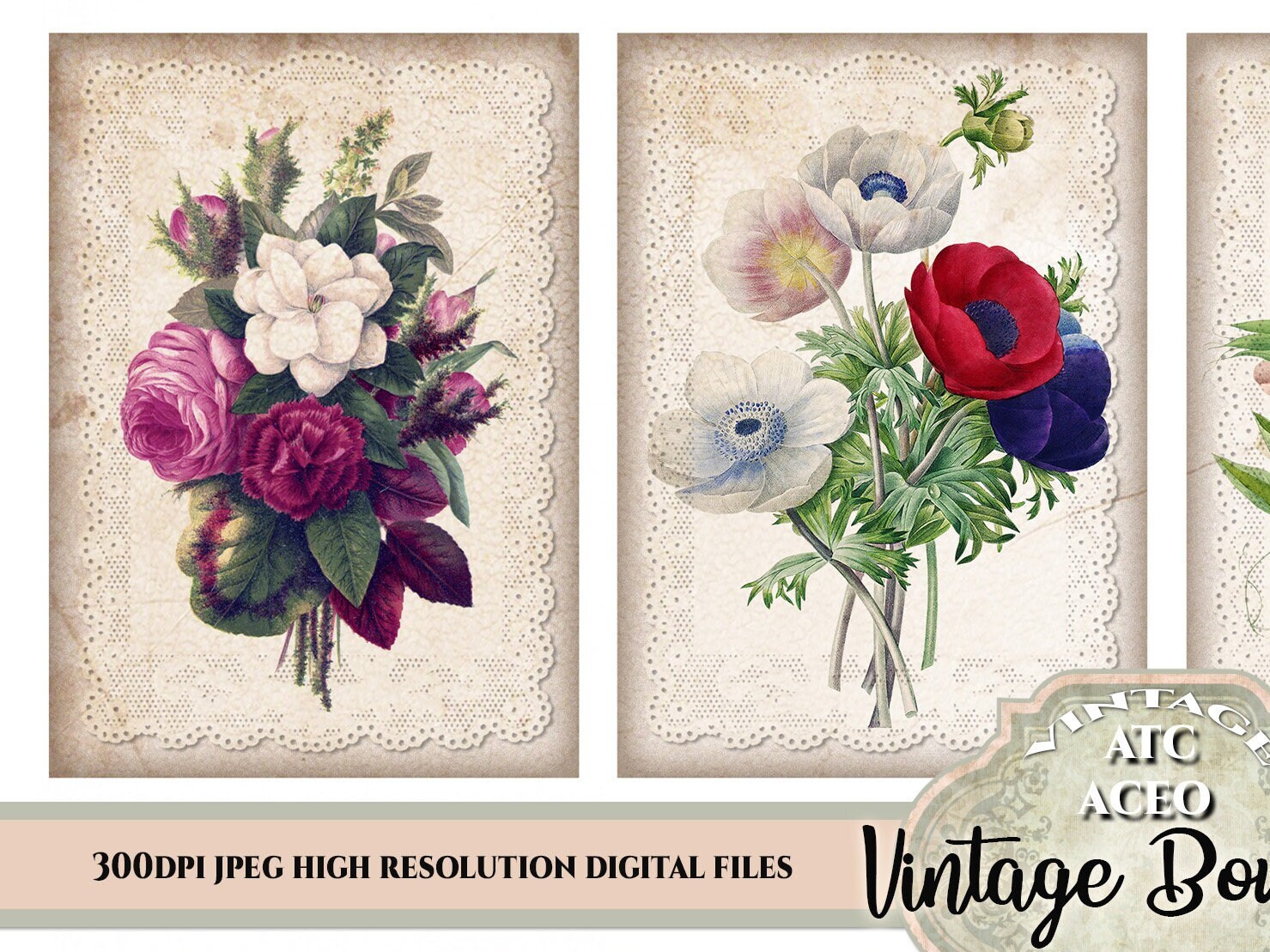 ACEO ATC Vintage Bouquet Flowers Card Making Tags