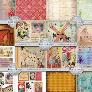 Puede incluir: Un kit de collage digital con imágenes del Moulin Rouge, un famoso cabaret parisino. El kit incluye varias imágenes de bailarines, carteles y detalles arquitectónicos, todos en un estilo vintage. El texto "Junk Journal Kit" y "Moulin Rouge" aparece en varias de las imágenes.