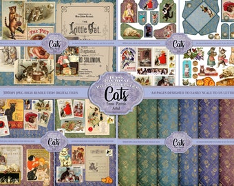 Cat Junk Journal Printable Kit, Cat Ephemera, Vintage Scrapbook Paper, Animal Paper Craft, Digital Download