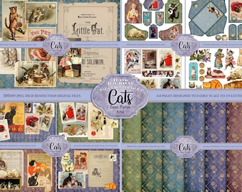 Cat Junk Journal Printable Kit, Cat Ephemera, Vintage Scrapbook Paper, Animal Paper Craft, Digital Download