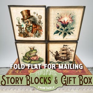Puede incluir: Bloques de historias y caja de regalo imprimibles con cuatro paneles ilustrados: un científico con una lupa, una flor con un fondo lleno de estrellas, una rana en un nenúfar y un barco pirata navegando por el mar. El texto "FOLD FLAT FOR MAILING" y "STORY BLOCKS & GIFT BOX PRINTABLE" es visible en la imagen.