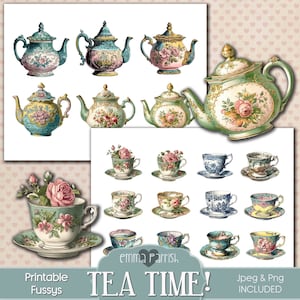 Teapot & Teacup Fussy Cut Printable Stickers, Shabby Chic, Junk Journal, Cricut, PNG, Ephemera, Floral, Digital Download, Scrapbook Collage