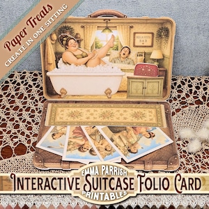 May include: An interactive suitcase folio card featuring a printed interior scene of a person in a bathtub and another in bed. The set includes several rectangular cards with vintage-style illustrations and a floral patterned paper strip.