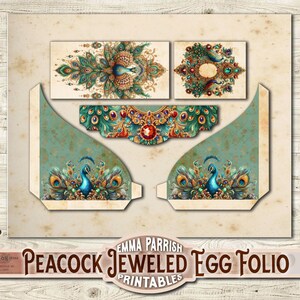 May include: Printable template for a peacock jeweled egg folio. The design features a peacock with blue, green, and gold feathers, and a jeweled crown. The text "Peacock Jeweled Egg Folio Printables" is at the bottom of the image.