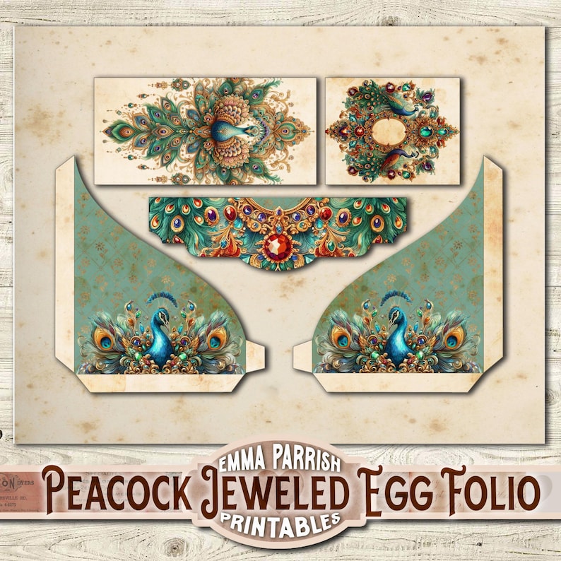 May include: Printable template for a peacock jeweled egg folio. The design features a peacock with blue, green, and gold feathers, and a jeweled crown. The text "Peacock Jeweled Egg Folio Printables" is at the bottom of the image.