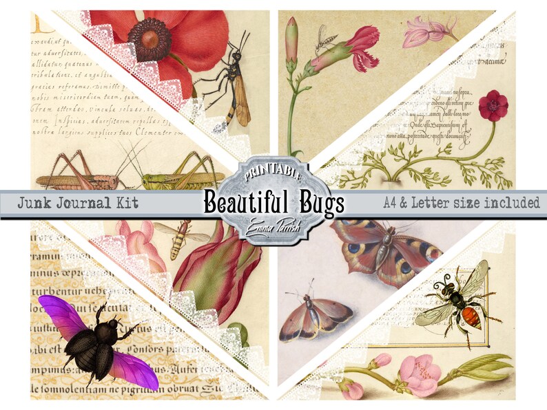 May include: A printable junk journal kit featuring vintage illustrations of bugs and flowers. The kit includes a title card with the text "Beautiful Bugs" and the words "Junk Journal Kit" and "A4 & Letter size included".