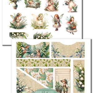 May include: A digital paper pack featuring illustrations of fairies and lily of the valley flowers. The pack includes various images of fairies with wings, holding flowers, and wearing dresses. The images are in a vintage style with a light and airy feel. The pack also includes a variety of patterns and borders featuring lily of the valley flowers.