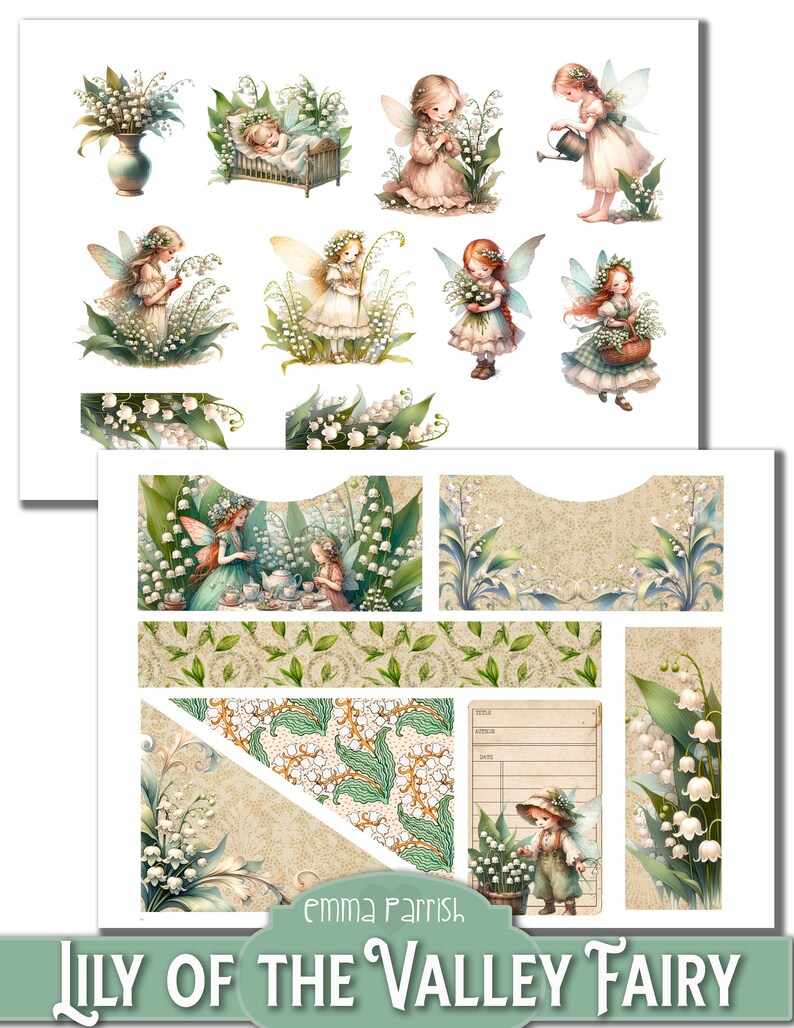May include: A digital paper pack featuring illustrations of fairies and lily of the valley flowers. The pack includes various images of fairies with wings, holding flowers, and wearing dresses. The images are in a vintage style with a light and airy feel. The pack also includes a variety of patterns and borders featuring lily of the valley flowers.