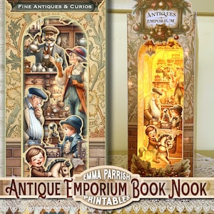 May include: Antique Emporium Book Nook printables. Two decorative book nooks are depicted, showcasing detailed illustrations of an antique shop. The left nook presents a vintage scene with figures and antique items. The right nook has a warm, illuminated interior with similar characters and a rocking horse.