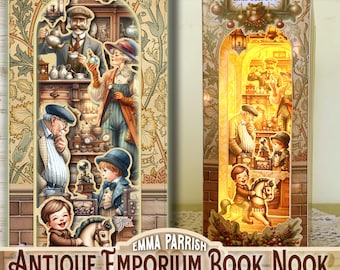 May include: An Antique Emporium book nook kit featuring a multi-layered paper scene of a shop interior with figures, including a man with a teapot, a woman with a magnifying glass, and a child on a rocking horse, with the text Fine Antiques & Curios.
