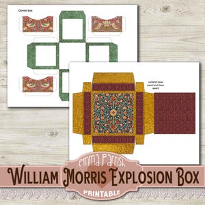 May include: Printable William Morris Explosion Box craft template featuring a floral pattern in shades of blue, red, and gold. The template includes instructions to cut and assemble the box.