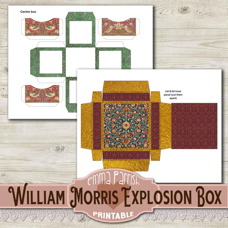 May include: Printable William Morris Explosion Box craft template featuring a floral pattern in shades of blue, red, and gold. The template includes instructions to cut and assemble the box.