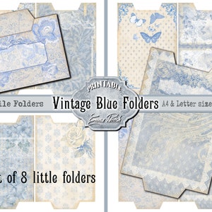 Vintage Blue Mini File Folders, Antique, Junk Journal Kit, Digital Download Ephemera, Printable Cards, Vintage Embellishment