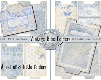 Vintage Blue Mini File Folders, Antique, Junk Journal Kit, Digital Download Ephemera, Printable Cards, Vintage Embellishment