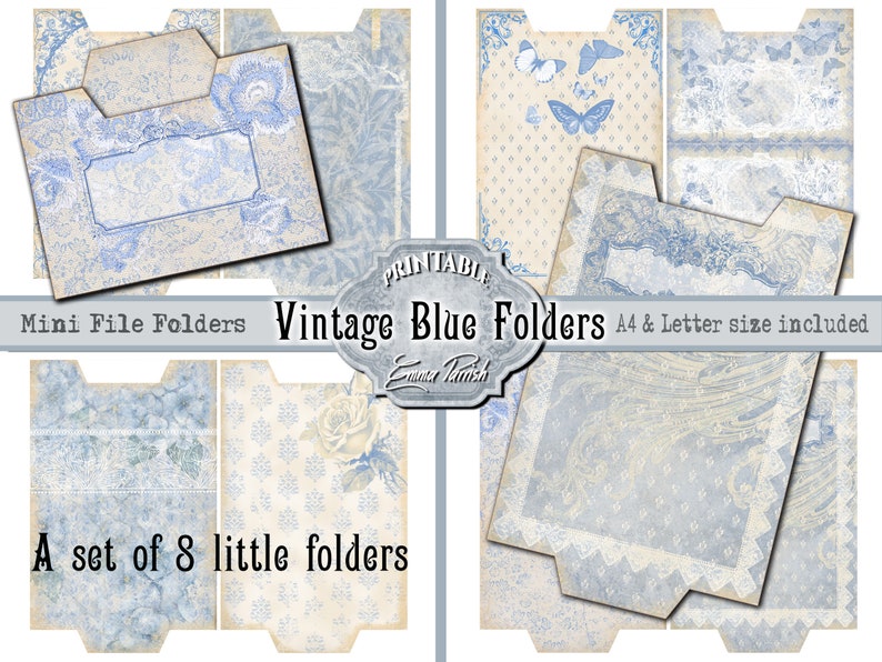 Vintage Blue Mini File Folders, Antique, Junk Journal Kit, Digital ...