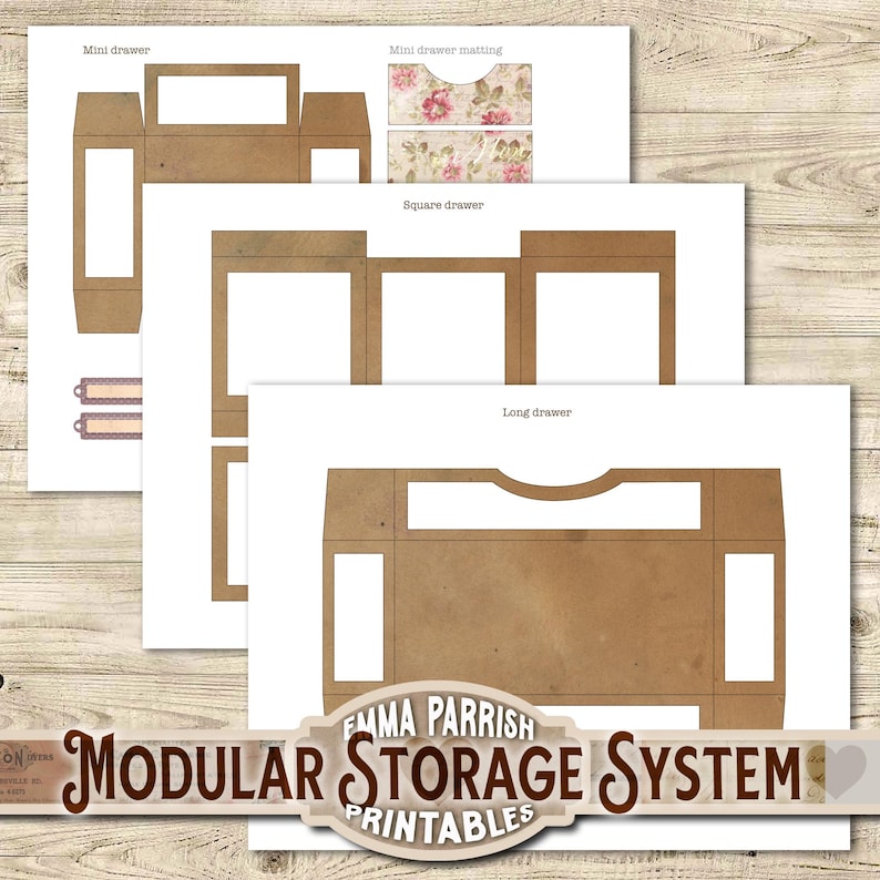 May include: Printable templates for a modular storage system. The image shows three different sizes of drawers: mini, square, and long. The drawers are made of brown paper with a vintage look. The text "EMMA PARRISH MODULAR STORAGE SYSTEM PRINTABLES" is at the bottom of the image.