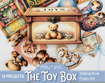 The Toybox Printable Junk Journal Folio, 10 Interactive Papercraft Projects, Teddy Bear, Paper Doll, Paper Theatre, Printable Vintage Games