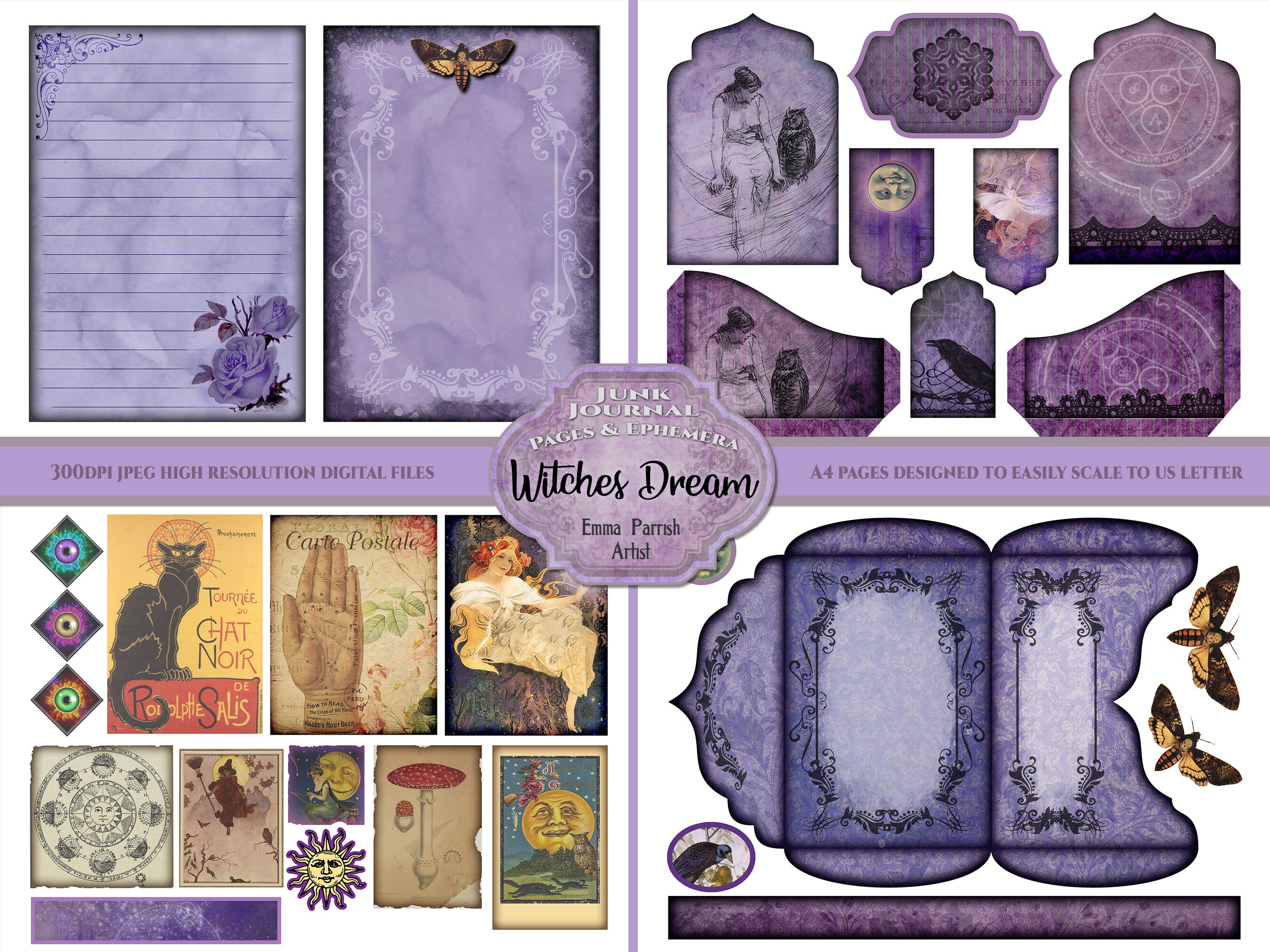 Witch Printable Junk Journal Ephemera Kit , Purple Black Witches ...
