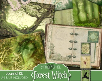 Può includere: Kit di diario stampabile a tema strega del bosco. Il kit include una varietà di carte, adesivi e decorazioni in tonalità di verde, marrone e nero. Il kit include anche una carta del titolo che dice "Forest Witch" e un cuore con il nome "Emma Parrish".
