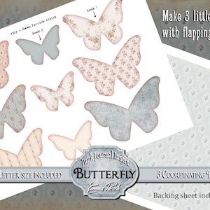 May include: A printable set of three butterfly book covers with a vintage floral design. The covers are in shades of pink, blue, and gray. The text "Make 3 little books with flapping wings" is at the top of the image. The text "Junk Journal Insert Butterfly" is at the bottom of the image. The text "A4 & US LETTER SIZE INCLUDED" is at the bottom left of the image. The text "3 COORDINATING BOOKS SET" is at the bottom right of the image. The text "Backing sheet included" is at the bottom right of the image.