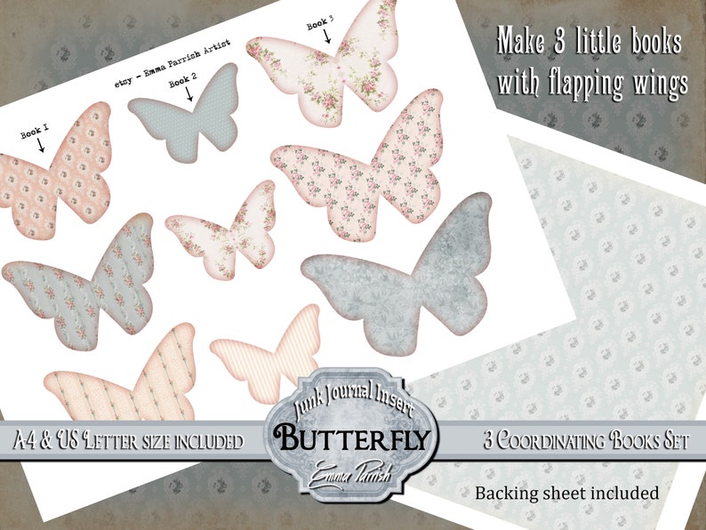 May include: A printable set of three butterfly book covers with a vintage floral design. The covers are in shades of pink, blue, and gray. The text "Make 3 little books with flapping wings" is at the top of the image. The text "Junk Journal Insert Butterfly" is at the bottom of the image. The text "A4 & US LETTER SIZE INCLUDED" is at the bottom left of the image. The text "3 COORDINATING BOOKS SET" is at the bottom right of the image. The text "Backing sheet included" is at the bottom right of the image.