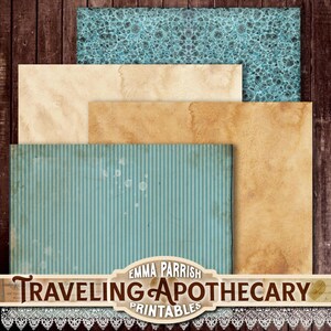 May include: A collection of vintage-style printable papers in various textures and colors. Includes a teal bubble pattern, cream, tan, and a teal striped design. The image features the text "Traveling Apothecary Printables" in a decorative banner.