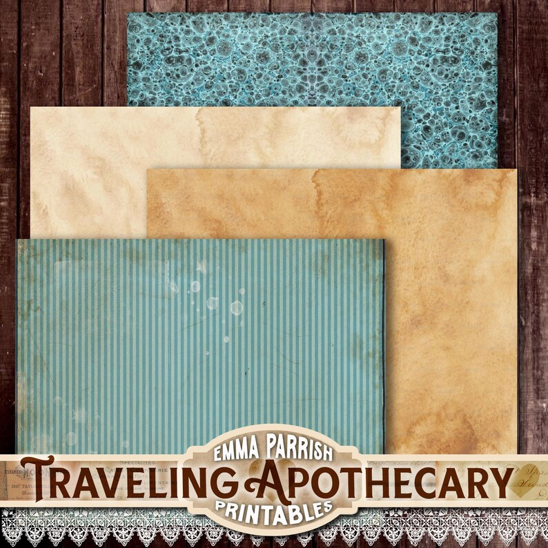 May include: A collection of vintage-style printable papers in various textures and colors. Includes a teal bubble pattern, cream, tan, and a teal striped design. The image features the text "Traveling Apothecary Printables" in a decorative banner.
