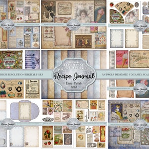 Junk Journal Recipe Book Digital Kit, Blue Vintage Recipes Gingham Ephemera, Collage Sheets, 30 DIY Junk Journal Pages, Printable Download