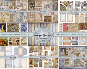 Könnte beinhalten: Eine digitale Collage aus Vintage-Bildern in einem blau-weißen Farbschema. Die Bilder zeigen verschiedene Küchenartikel wie Teekannen, Lebensmittel und Küchenutensilien. Der Text "Recipe Journal" ist in einer dekorativen Schriftart dargestellt.