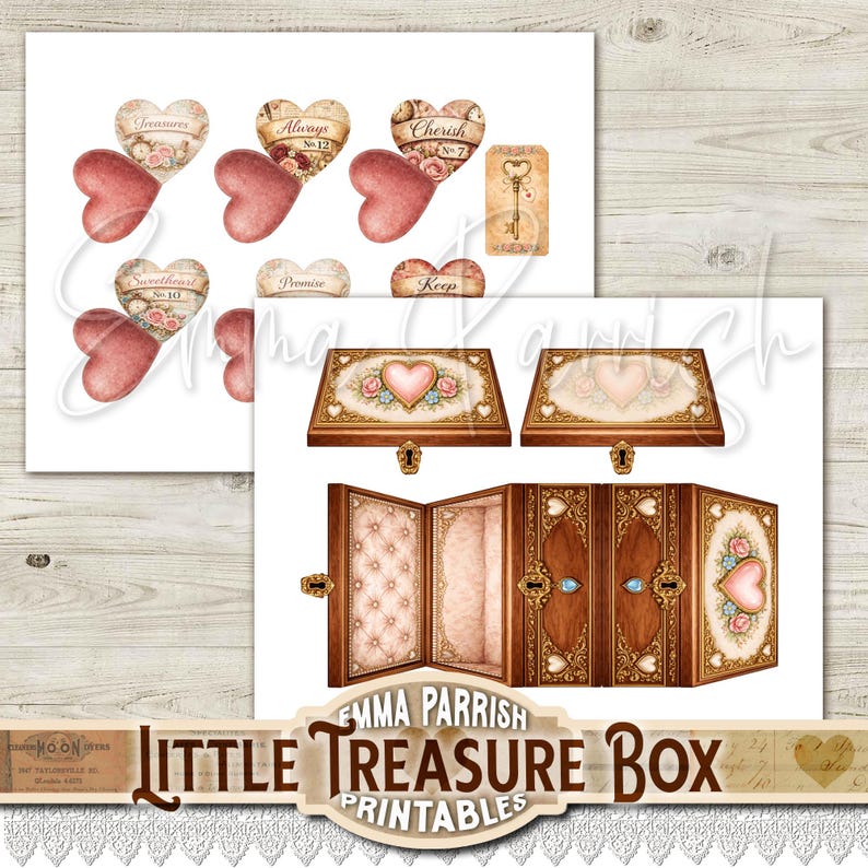 May include: Digital printable art featuring vintage-style heart-shaped designs with floral accents and text like "Treasures" and "Always." Includes a key illustration and decorative box designs. The text "Little Treasure Box Printables" is also visible.